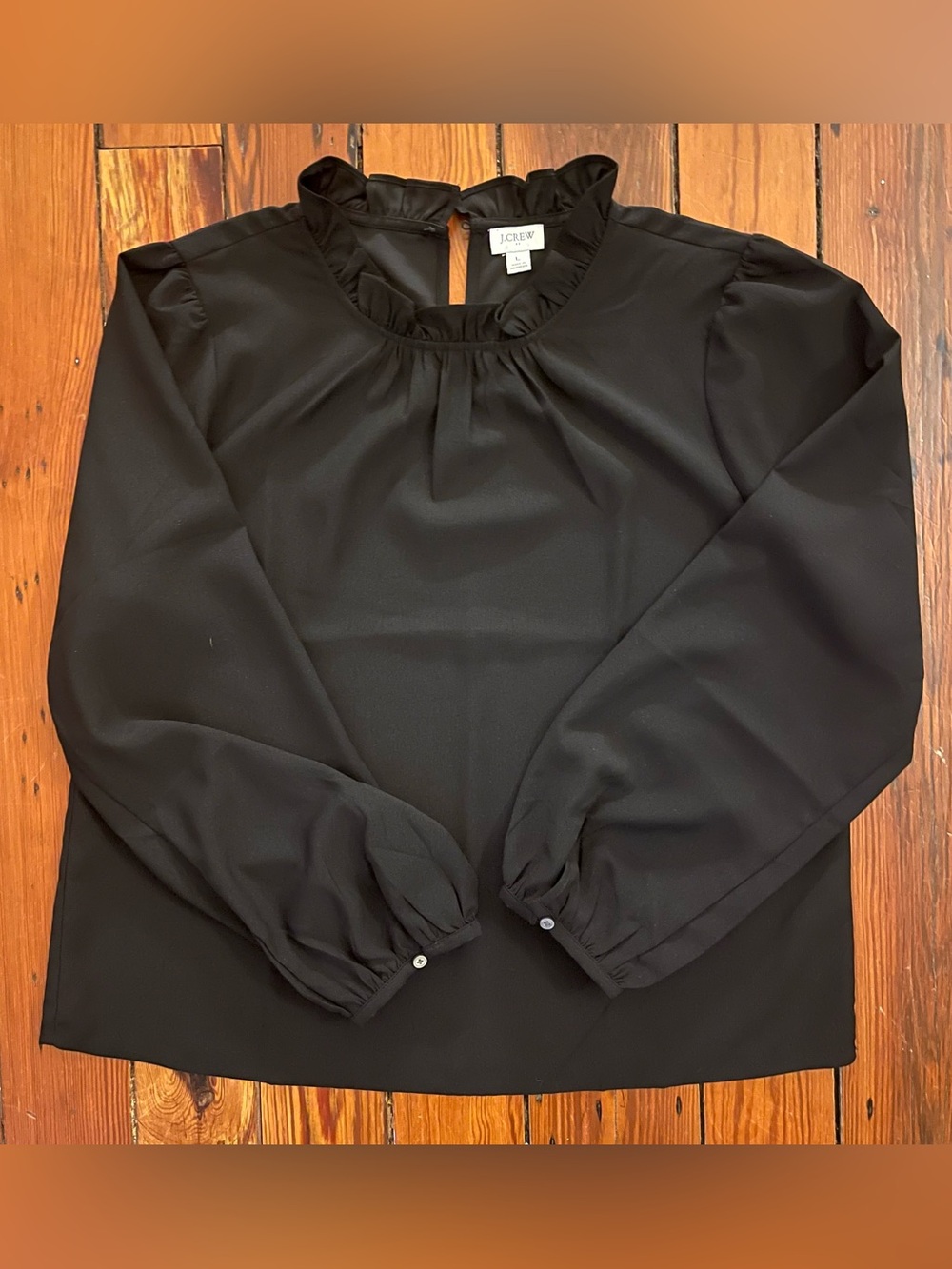 J.Crew Black Long Sleeve Ruffle Neck Blouse | Workwear Top | L